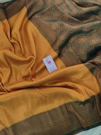 Mustard Yellow with Bottle Green Copper Zari Weave Soft Silk Saree