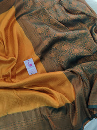 Mustard Yellow with Bottle Green Copper Zari Weave Soft Silk Saree