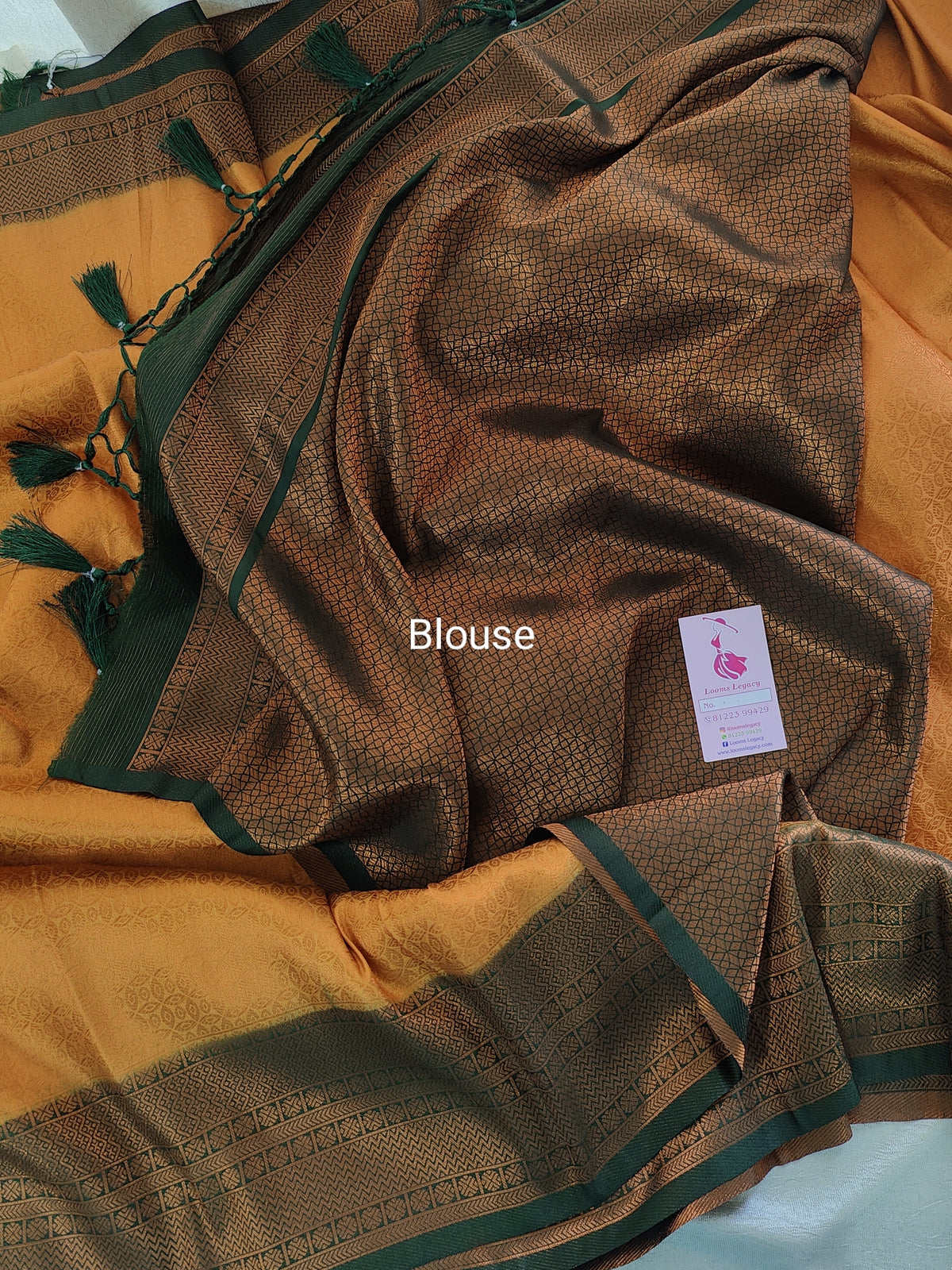 Mustard Yellow with Bottle Green Copper Zari Weave Soft Silk Saree