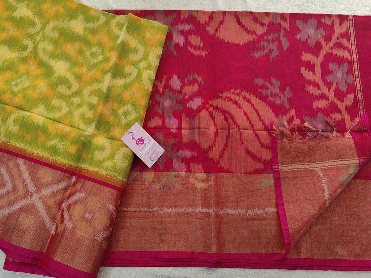 Parrot Green with Pink Pochampally Ikkat Silk Cotton (SICO Pattu)