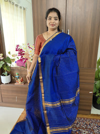 Handwoven Mangalagiri Pattu Saree with Beautiful  Small Checks - Royal Blue