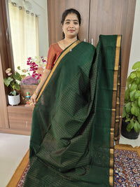 Handwoven Mangalagiri Pattu Saree with Beautiful  Small Checks -  Bottle Green