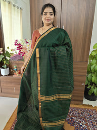 Handwoven Mangalagiri Pattu Saree with Beautiful  Small Checks -  Bottle Green