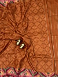 Soft Semi Tussar Sarees with Digital Prints - Honey Brown with Maroon