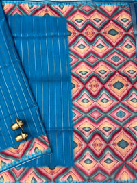 Soft Semi Tussar Sarees with Digital Prints - Blue with Peacock Blue