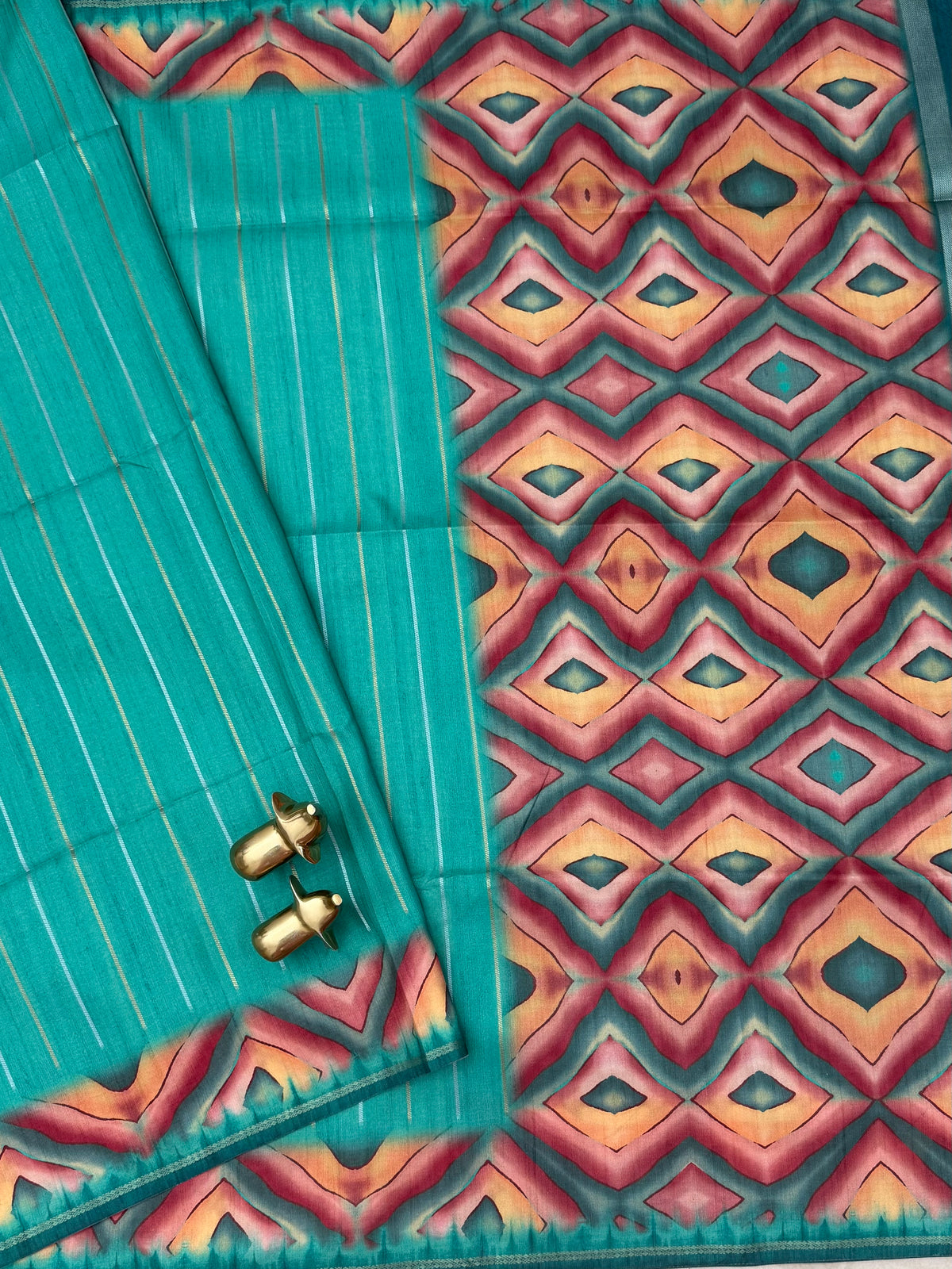 Soft Semi Tussar Sarees with Digital Prints - Sea Green with Dark Rama Green