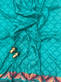 Soft Semi Tussar Sarees with Digital Prints - Sea Green with Dark Rama Green