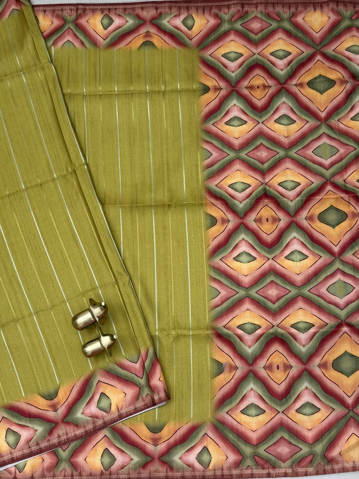 Soft Semi Tussar Sarees with Digital Prints - Mehndi Green with Brown