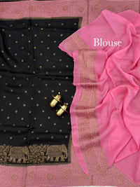 Jute Banarasi Silk Saree -  Black with Pink
