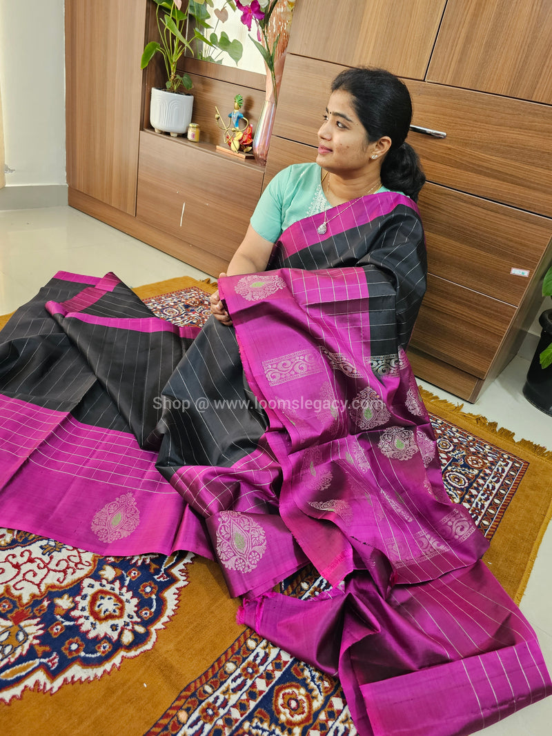 Classical Kanjivaram Pattern Pure Handloom Soft Silk Saree -  Black with Magenta Pink