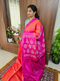 Classical Kanjivaram Pattern Pure Handloom Soft Silk Saree -  Orange with Pink