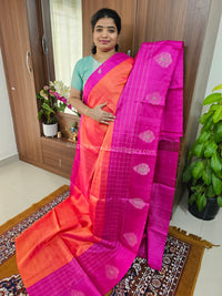 Classical Kanjivaram Pattern Pure Handloom Soft Silk Saree -  Orange with Pink