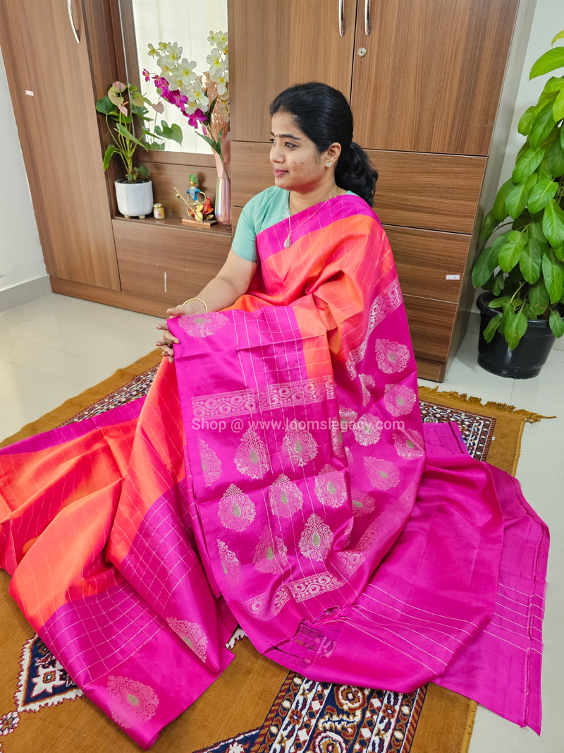 Classical Kanjivaram Pattern Pure Handloom Soft Silk Saree -  Orange with Pink