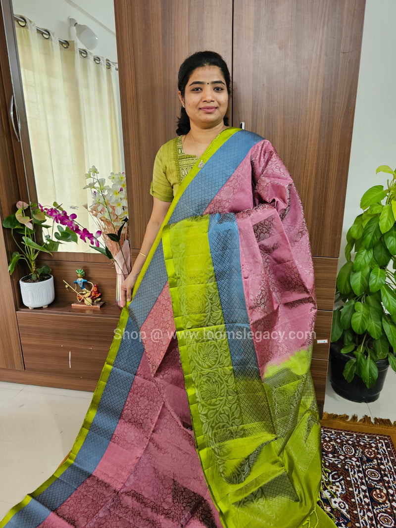 Classical Kanjivaram Pattern Full Brocade Pure Handloom Soft Silk Saree - Onion Pink with Blue & Green