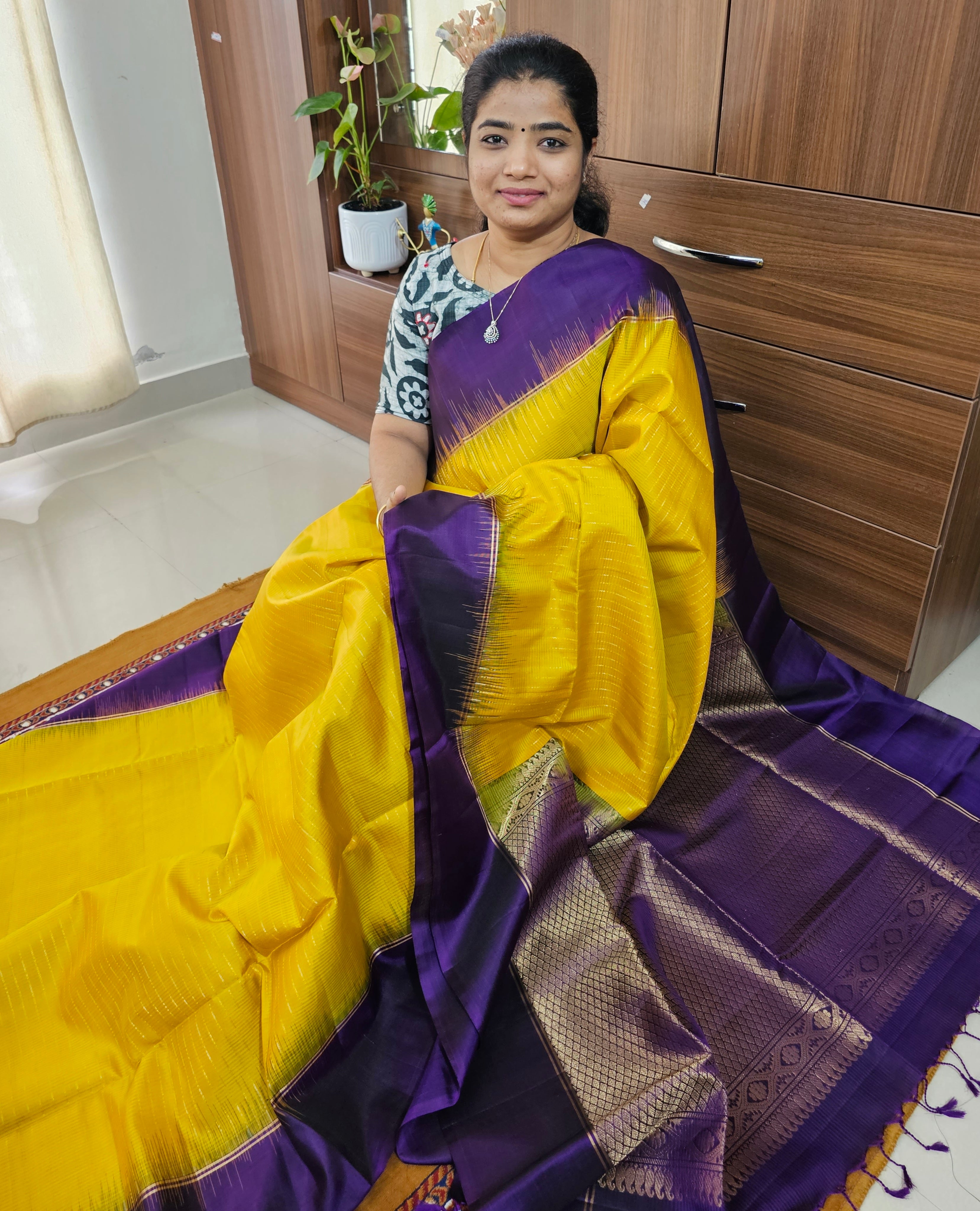 Buy Satrani Purple & Yellow Printed Saree With Unstitched Blouse for Women  Online @ Tata CLiQ