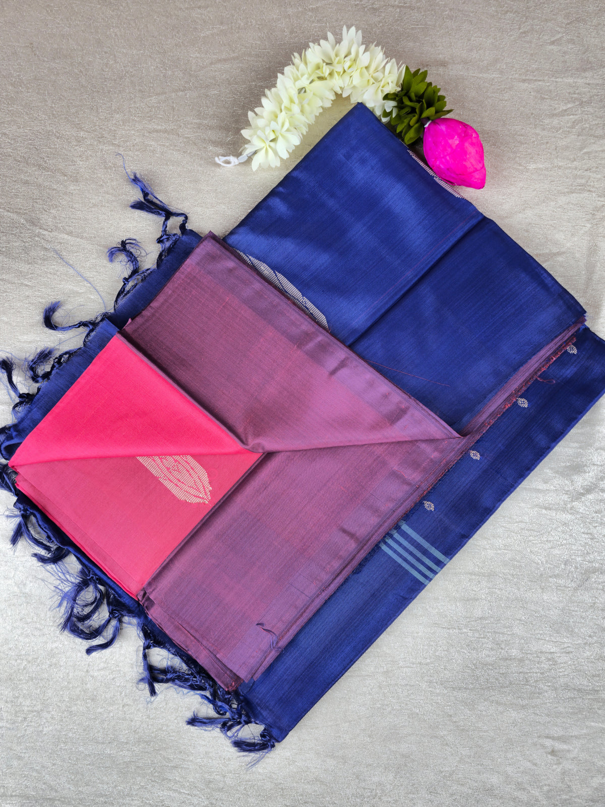 Peachish Pink with Blue Chinnalampattu Saree with Blouse