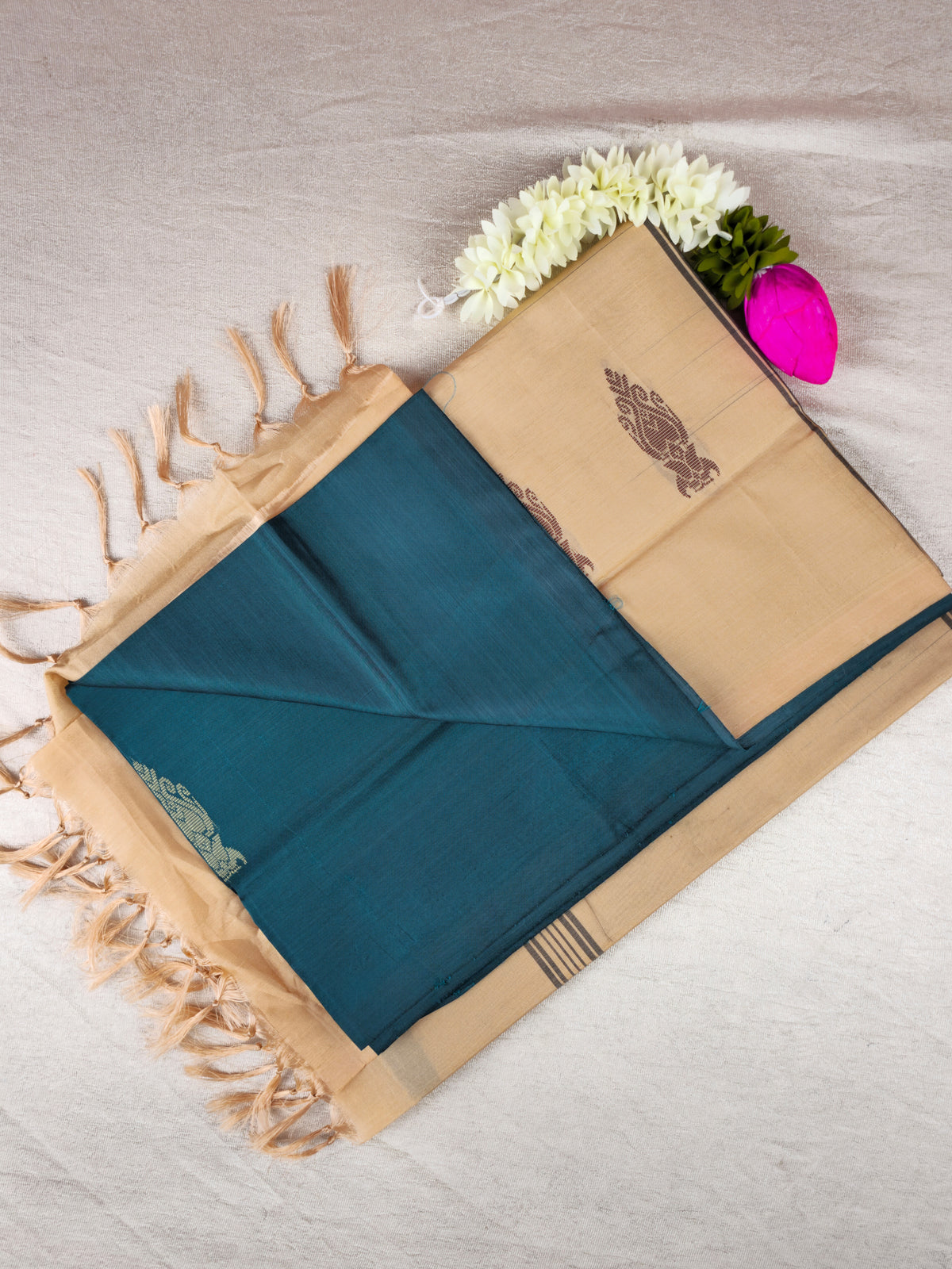 Peacock Green with Cream Chinnalampattu Saree with Blouse