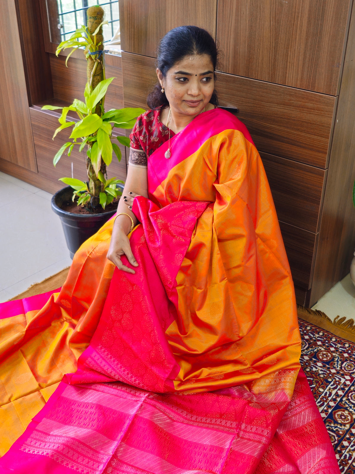 Handloom Pure Soft Silk Sarees - Yellowish Orange with Pink