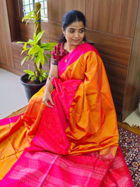Handloom Pure Soft Silk Sarees - Yellowish Orange with Pink