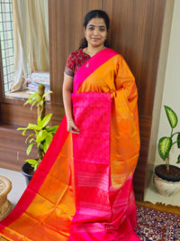 Handloom Pure Soft Silk Sarees - Yellowish Orange with Pink