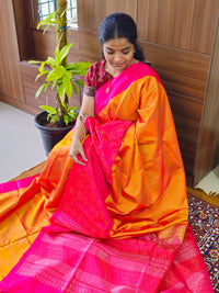 Handloom Pure Soft Silk Sarees - Yellowish Orange with Pink