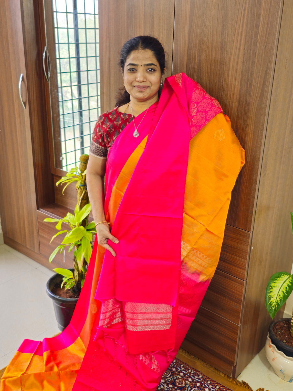 Handloom Pure Soft Silk Sarees - Yellowish Orange with Pink