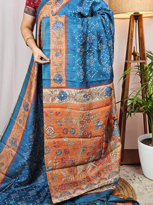 Soft Semi Tussar with Digital Prints - Peacock Blue