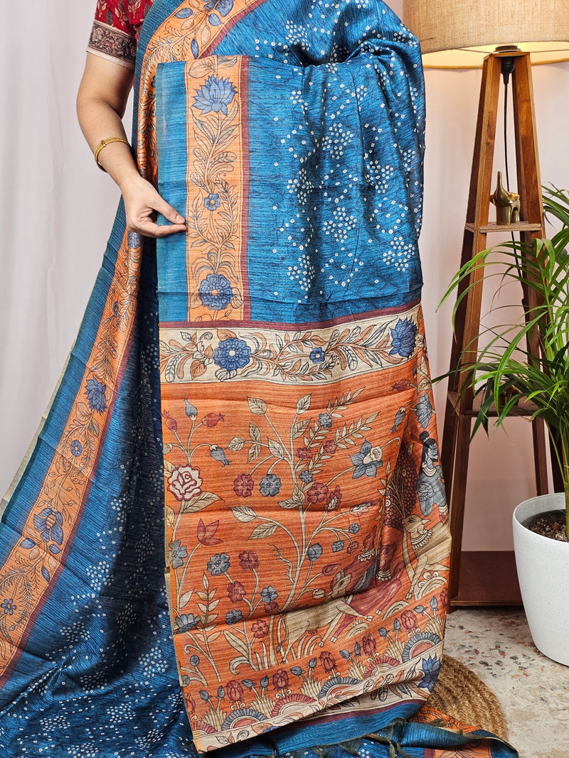Soft Semi Tussar with Digital Prints - Peacock Blue