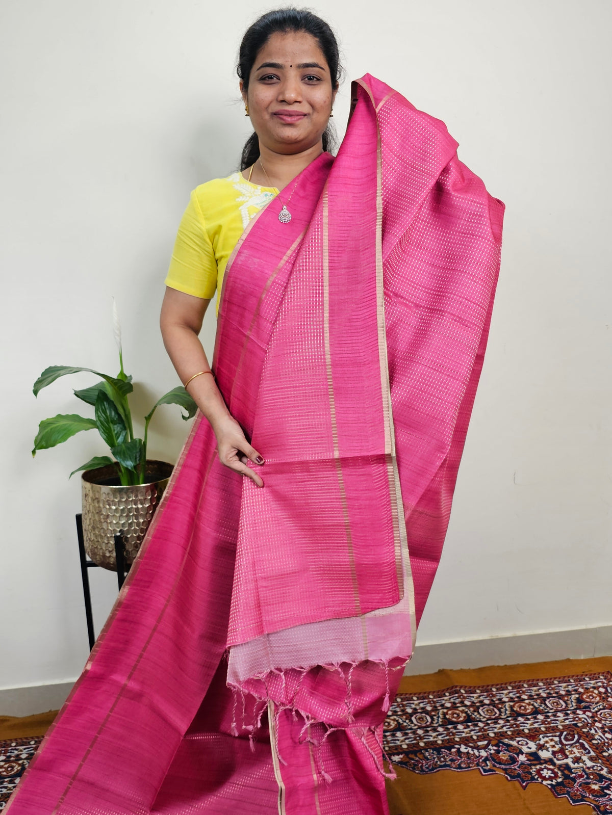 Soft Semi Tussar with Zari Weaving Saree - Dark Pink