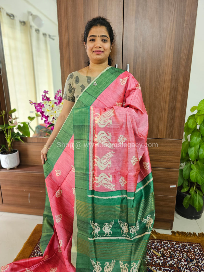 Semi Tussar Digital Prints with Contrast Border - Pink with Green