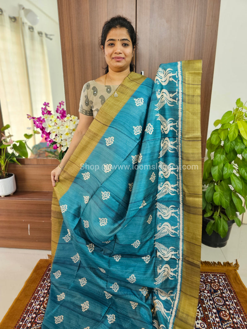 Semi Tussar Digital Prints with Contrast Border - Peacock Blue with Mehndi Green