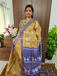 Semi Tussar Digital Prints with Contrast Border -  Mustard Yellow with Lavender