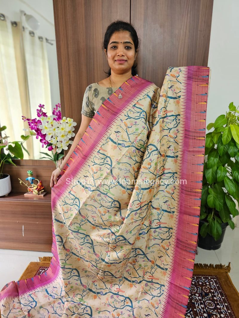 Semi Tussar Digital Prints with Contrast Border - Cream with Pink cum Purple Dual Shade