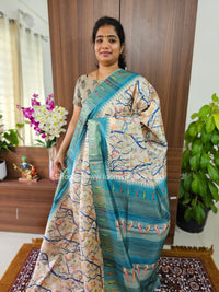 Semi Tussar Digital Prints with Contrast Border - Cream with Blue