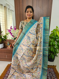 Semi Tussar Digital Prints with Contrast Border - Cream with Blue