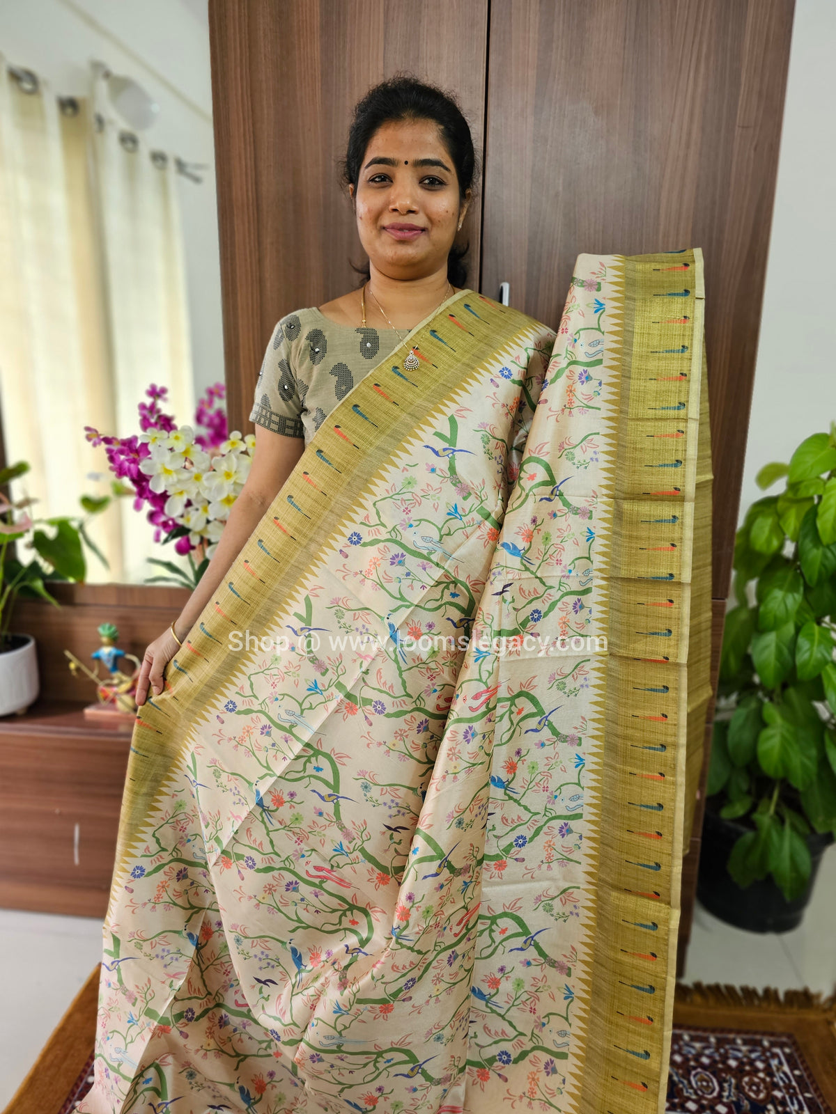 Semi Tussar Digital Prints with Contrast Border - Cream with Mehndi  Green