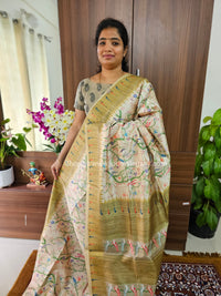 Semi Tussar Digital Prints with Contrast Border - Cream with Mehndi  Green