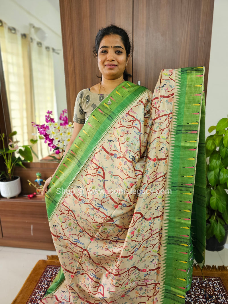 Semi Tussar Digital Prints with Contrast Border - Cream with Green