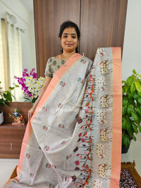 Semi Tussar Digital Prints with Contrast Border - Grey with Peach