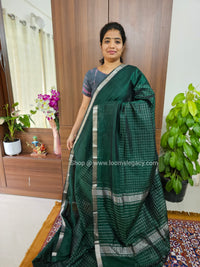 Handwoven Mangalagiri Pattu Saree with Beautiful  Small Checks - Bottle Green