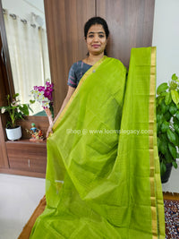 Handwoven Mangalagiri Pattu Saree with Beautiful  Small Checks - Parrot Green