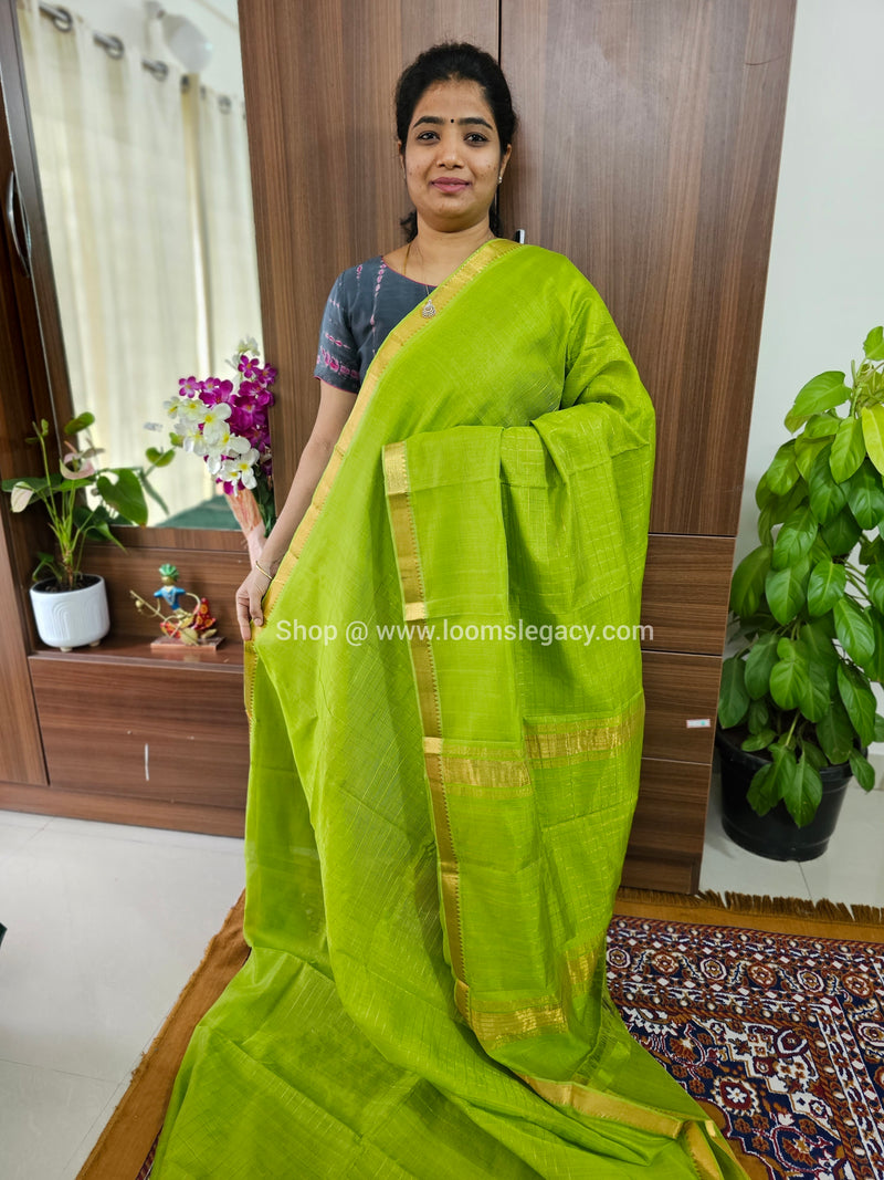 Handwoven Mangalagiri Pattu Saree with Beautiful  Small Checks - Parrot Green