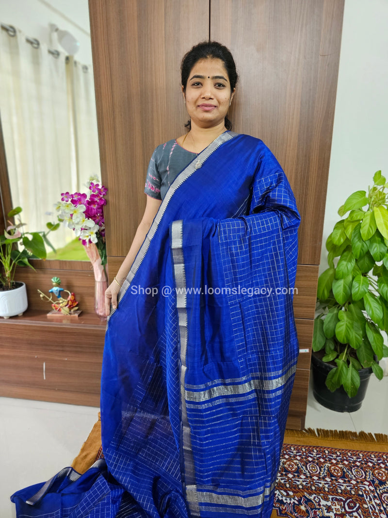 Handwoven Mangalagiri Pattu Saree with Beautiful  Small Checks - Royal Blue