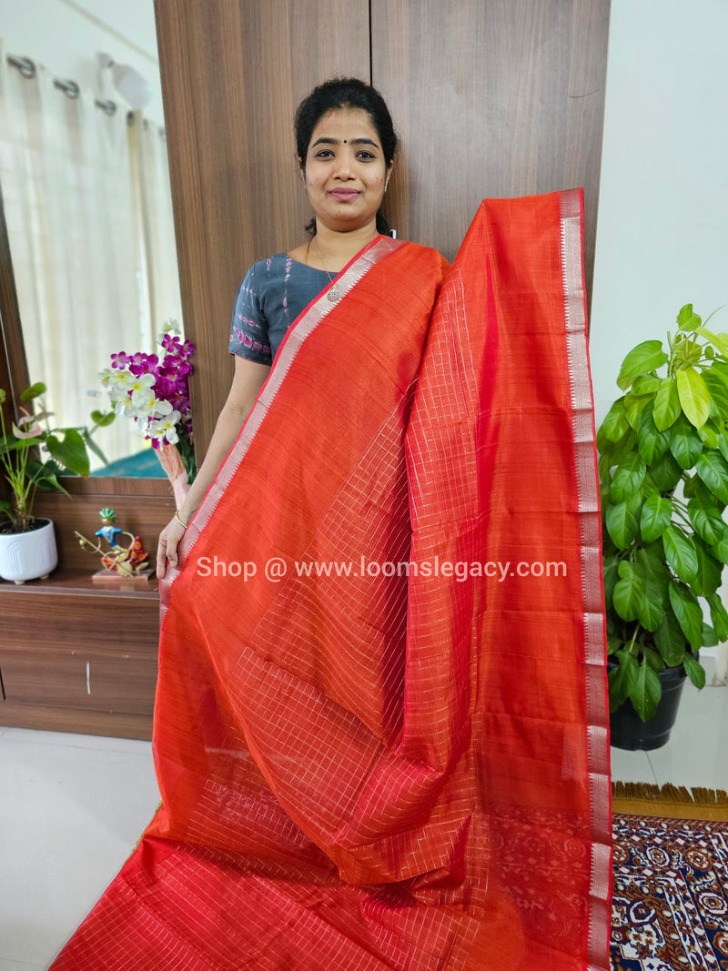 Handwoven Mangalagiri Pattu Saree with Beautiful  Small Checks - Orange