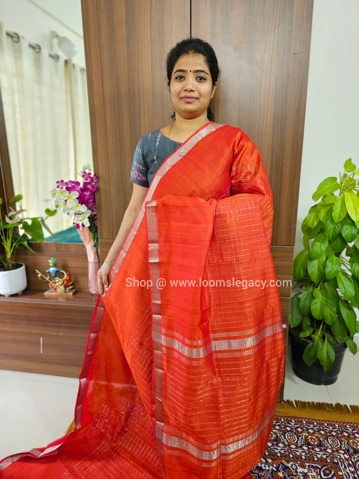 Handwoven Mangalagiri Pattu Saree with Beautiful  Small Checks - Orange