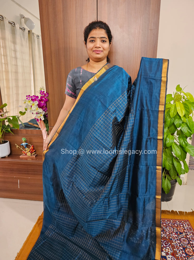 Handwoven Mangalagiri Pattu Saree with Beautiful  Small Checks - Dark Peacock Blue