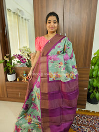 Olive Green with Magenta Pink Handwoven Tussar Silk Saree with Zari Border