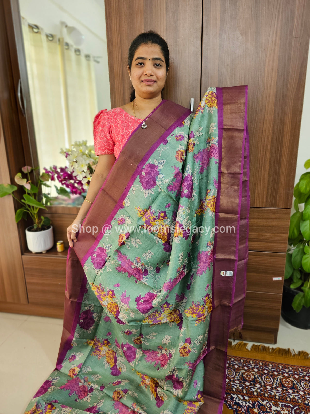 Olive Green with Magenta Pink Handwoven Tussar Silk Saree with Zari Border