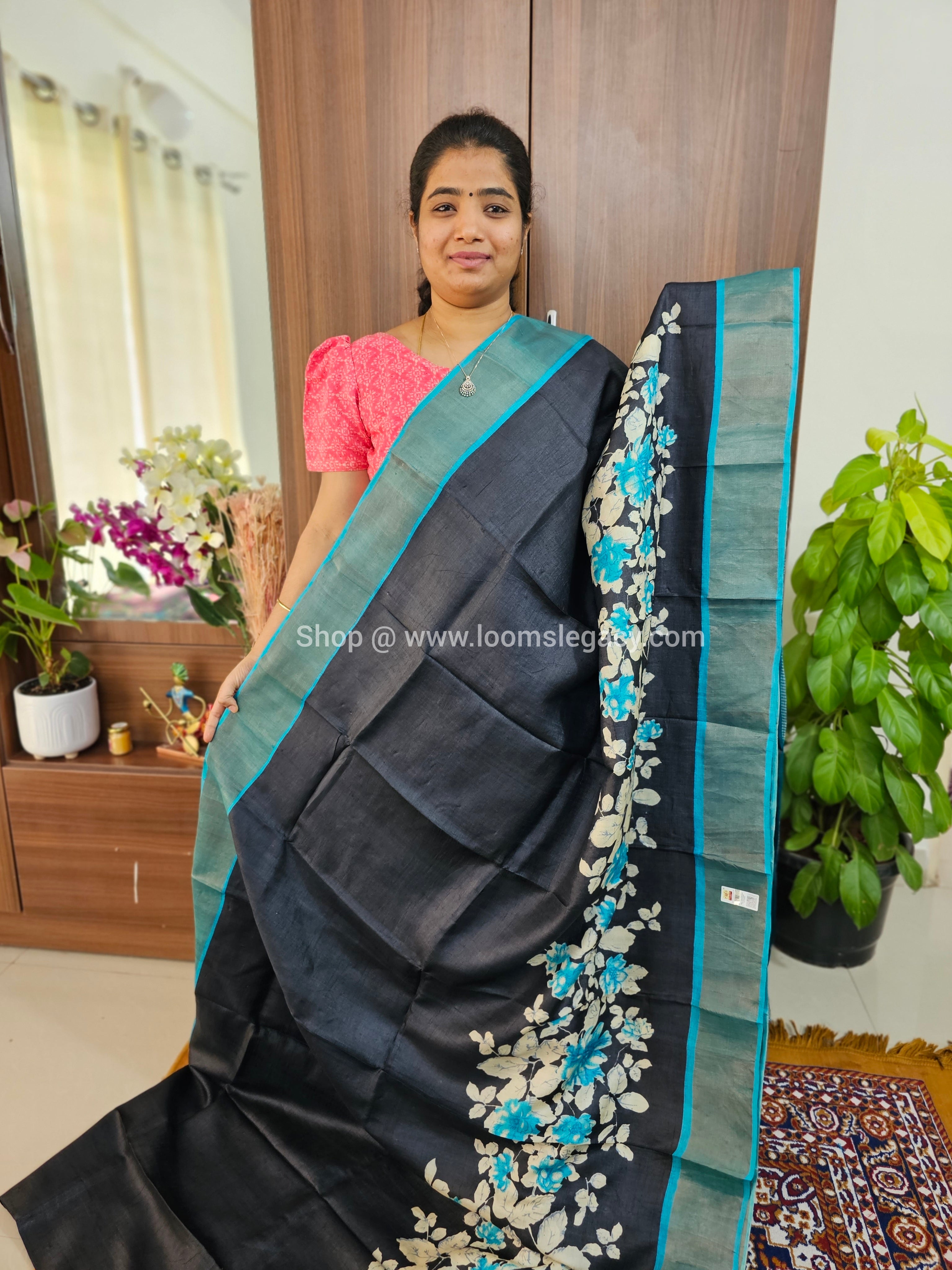 Black with Blue Floral Print Pure Handwoven Tussar Silk Saree with Cut –  Looms Legacy