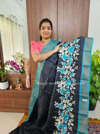 Black with Blue Handwoven Tussar Silk Saree with Zari Border